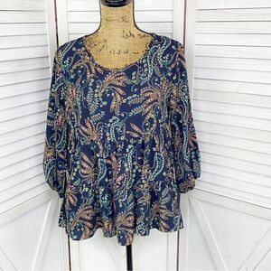 Les Amis Floral Boho Tiered Ruffle‎ Hem Blouse Blue Multi Small